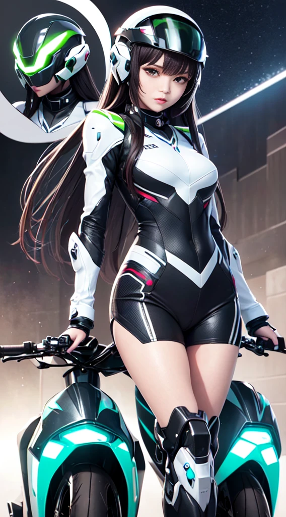 Highest image quality, outstanding details, ultra-high resolution, [realism: 1.4], the best illustration, favor details, highly condensed 1girl, with a delicate and beautiful face, dressed in a black and green mecha, wearing a mecha helmet, holding a directional controller, riding on a motorcycle, the background is a high-tech lighting scene of the future city.