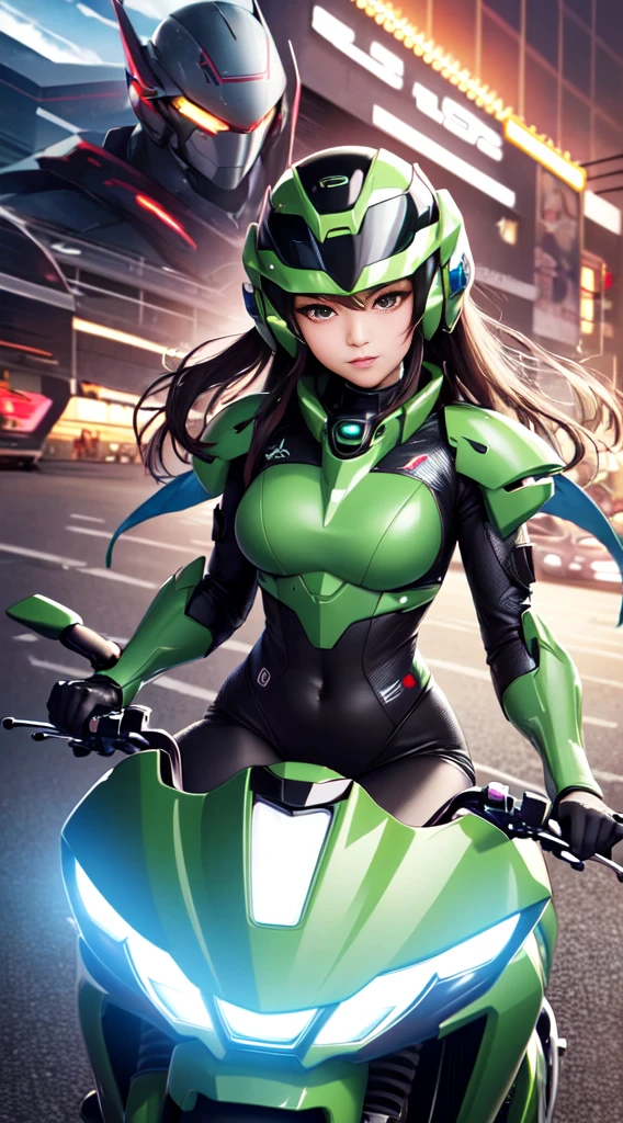 Highest image quality, outstanding details, ultra-high resolution, [realism: 1.4], the best illustration, favor details, highly condensed 1girl, with a delicate and beautiful face, dressed in a black and green mecha, wearing a mecha helmet, holding a directional controller, riding on a motorcycle, the background is a high-tech lighting scene of the future city.