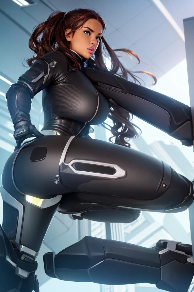 bodysuit made of carbon fiber, cleavage, technology gloves, technology boots, futuristic scenery .