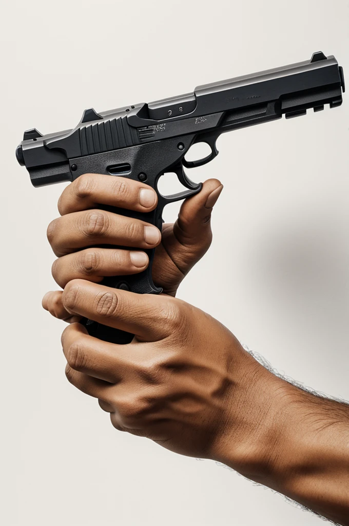 A rock with hands holding a gun and with white background