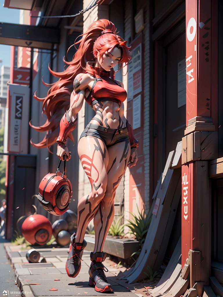 fullbody, Muscular Woman, Abs, (Long Red hair, Crimson Ponytail), dftattoo, facing camera realistic, hyper realistic, score_9, score_8_up, score_8_up, Expressiveh. dynamic angle, low angle, motion lines, sexy Armor