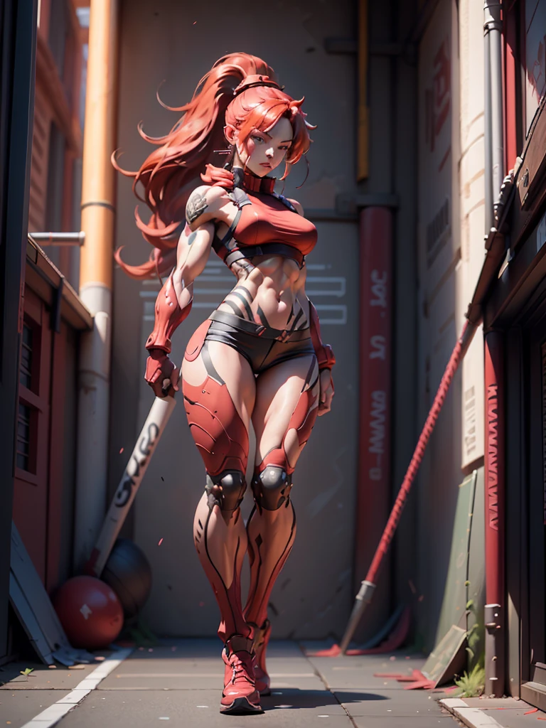 fullbody, Muscular Woman, Abs, (Long Red hair, Crimson Ponytail), dftattoo, facing camera realistic, hyper realistic, score_9, score_8_up, score_8_up, Expressiveh. dynamic angle, low angle, motion lines, sexy Armor