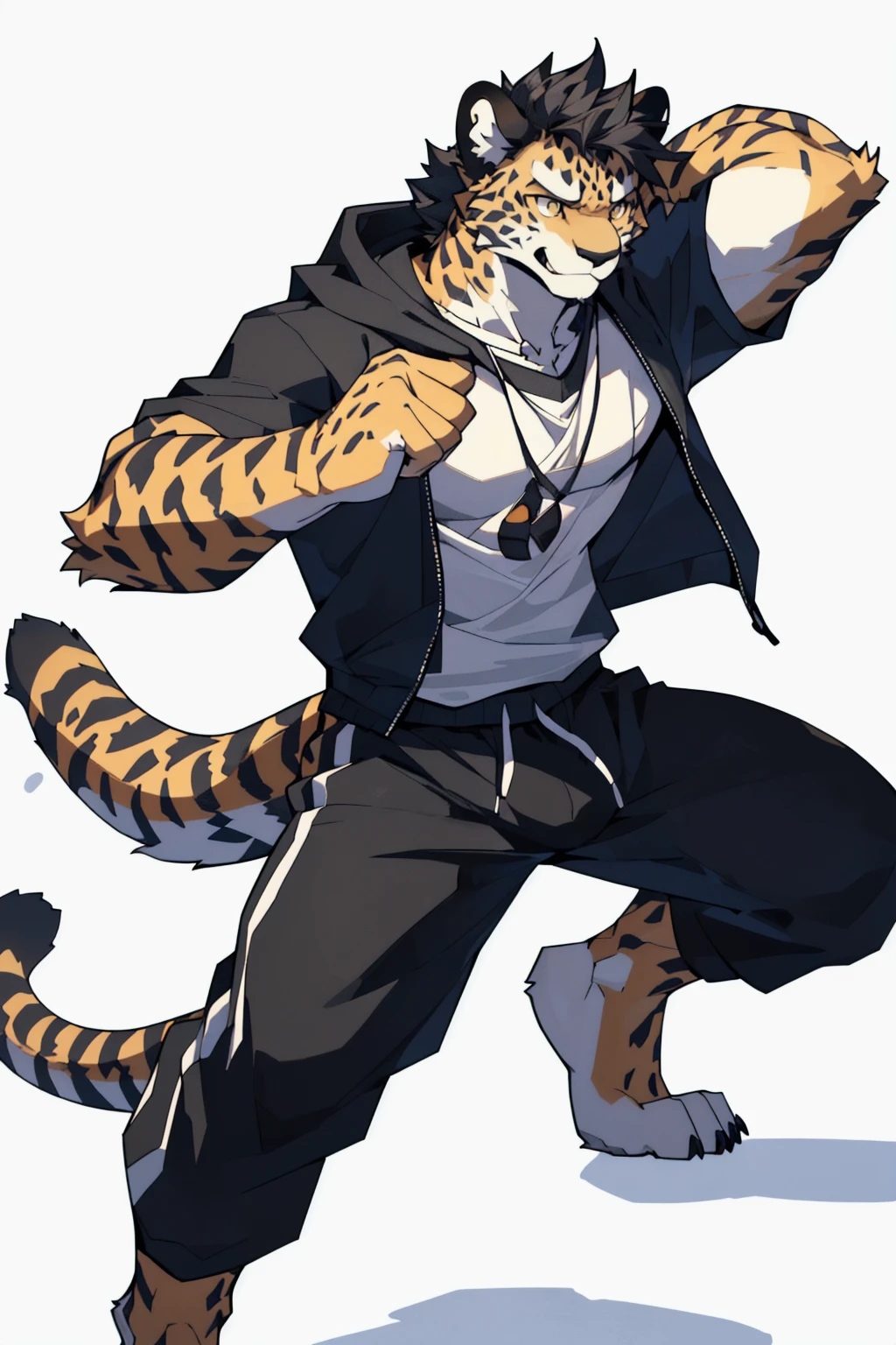 White background，high resolution，4K，masterpiece，high quality，Warm man，29 years old，((Cheetah))，male，((whole body:1.4，Strike a pose:1.5，fiercely:1.3，grimace in pain:1.4))，CheetahFurry，（teenager:1.5，hairy），((Moderate:1.2，short hair:1.3))，((Strong body:1.5，Long legs:1.3，big ear:1.3，Thick long tail，Long legs))，(((Grey sweatshirt，Black sports shorts)))，(((Hair:1.6，充满Moderate肌肉:1.3，Golden Eyes:1.4，Black hair:1.3，White chest:1.3，White belly:1.4，Limbs:1.4，Crotch bulge)))，Delicate eyes:1.6，Fine details，Detailed body，（Detailed hand details:1.4）