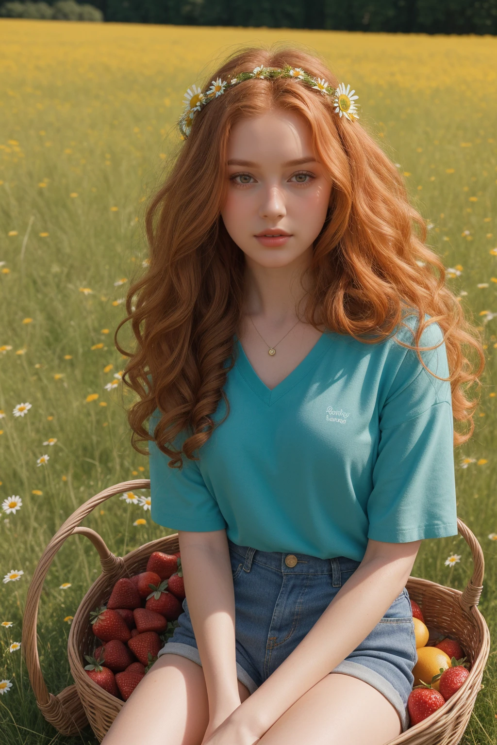 (girl:1.2),alone, (long ginger curly hair:1.1), brown eyes, Wearing a daisy wreath on your head, Sit in a daisy field, (fruit basket:1.1), blue shorts, red shirt,,raw,photographic,photo shadows,actual,Ridiculous,Aesthetic,elegant