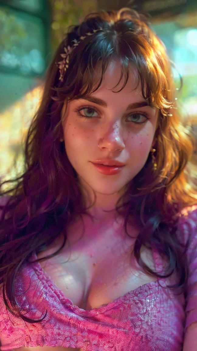 (((ultra realistic))) Photo, Masterpiece, Superior quality, (pale skin), (ultra detailed face and eyes.:1.3), 1 girl, adult, on a t-shirt, ((eye makeup, pink mascara)), ((SMILE)), ((big detailed lips)), ((rosa wavy hair)), ((Chiolka)) , (natural breasts), thin waist. ((posing)), Sesión de Photos, studio (soft lighting), (The game of lights and shadows), depth of field, bokeh, (Special attention to leather details.: 1.2), detailed leather texture, skin pores. (Warm frame environment.. Color range: violet, rosa, blue tones), DR, ((film grain)), ((good heavens)), (Glare), ((portrait from the waist up)) , ultra detialed,