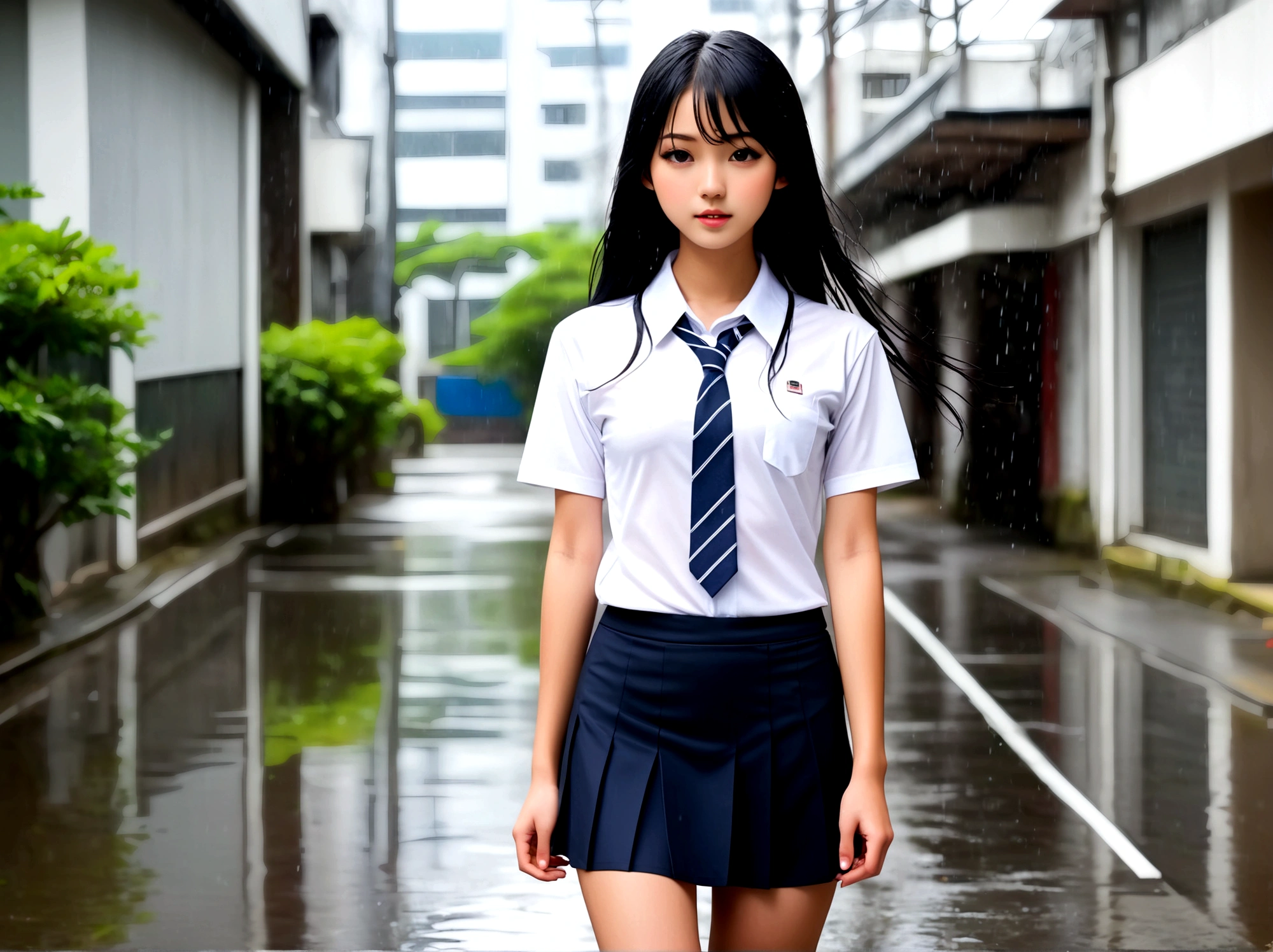 ((Nipples visible through a wet white shirt))、No underwear、Full body view、Long straight black hair、high school student、uniform、sexy、No bra、mini skirt、Japanese、17 years old、