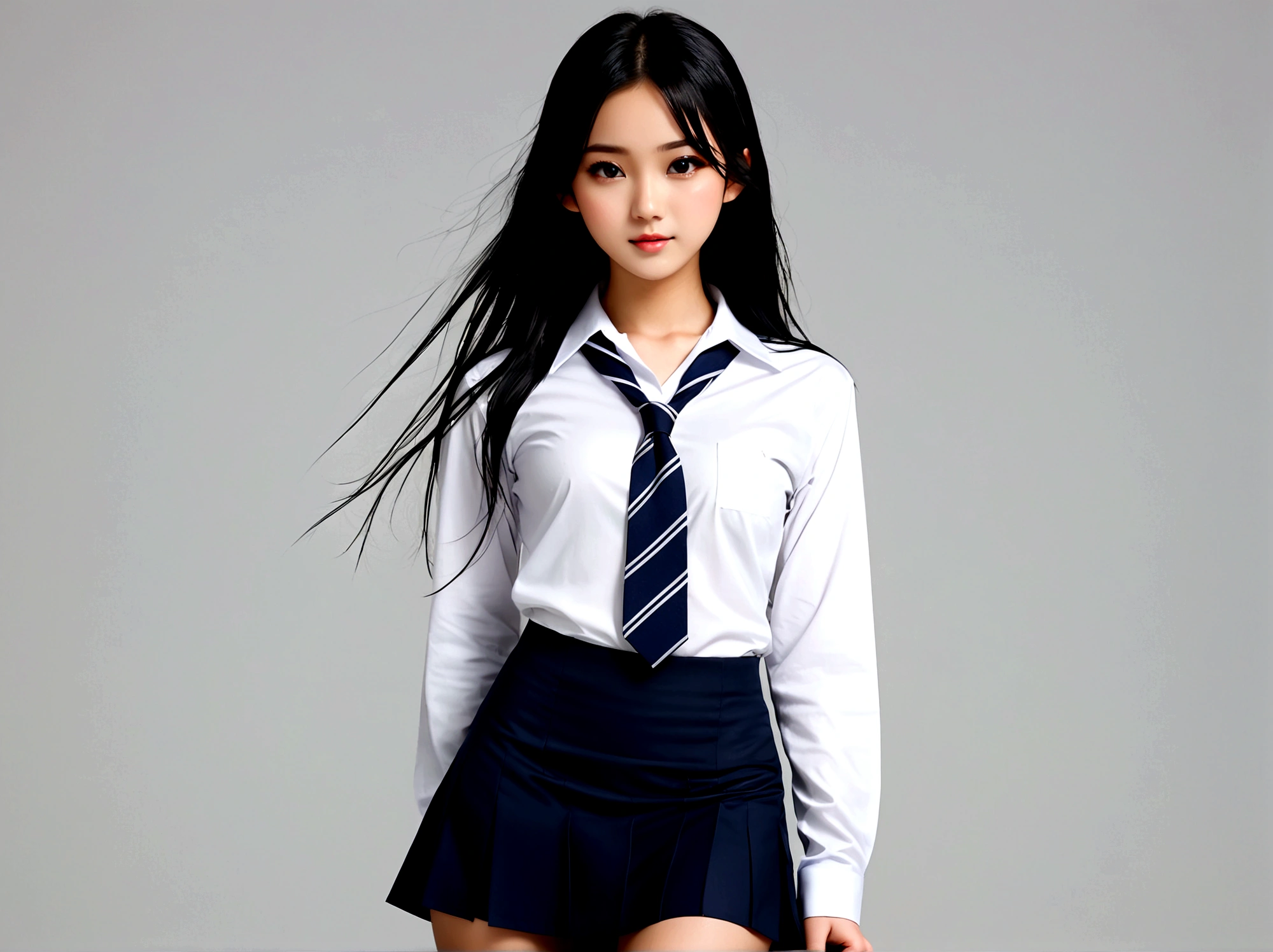 ((Nipples visible through a wet white shirt))、No underwear、Full body view、Long straight black hair、high school student、uniform、sexy、No bra、mini skirt、Japanese、17 years old、