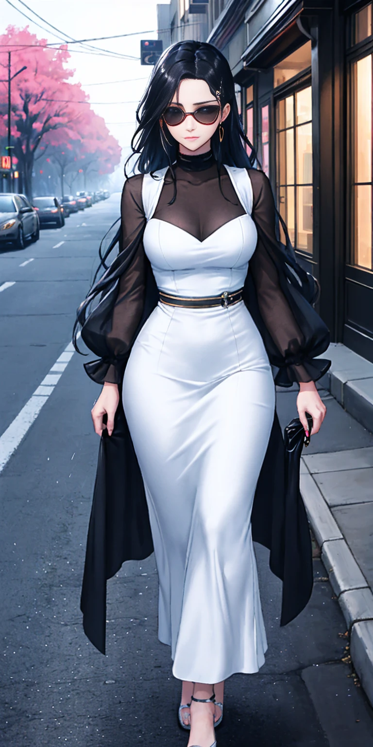 Setting: Atmospheric Street Background (Think bustling city street at night with neon lights and rain, a foggy alleyway, or a deserted highway at dusk) - Choose the specific atmosphere you desire. Character: Appearance: Ultra Quality - High level of detail and realism Shiny Skin - Glowing and healthy Long wet Hair - Flowing down the back Narrowed Eyes - Focused and intense expression (sharp or piercing) Attire: Long Dress - Elegant and flowing Pose: Fingers Crossed - A gesture hinting at hope, nervousness, or even making a wish. Accessories: Sunglasses - Adding a touch of mystery or coolness (consider the style of sunglasses to match the overall mood) Additional Notes: Consider adding details about the character's posture (standing tall, leaning against a wall, etc.) to enhance the scene. The quality of the image is 8K or Cinematic