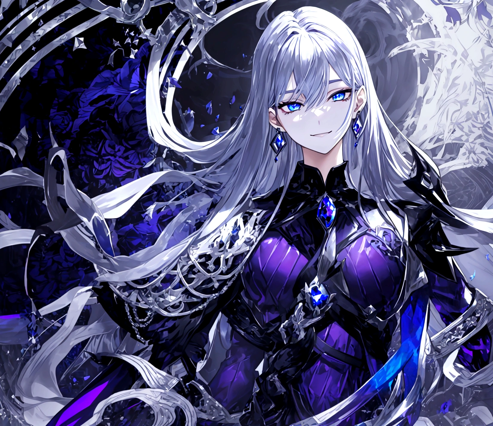 Guy, beautiful facial features, smile, squinted siren dark blue eyes without glare, silver and dark purple long hair with straight bang, fantasy black fit clothes with blue and purple elements, long black gloves, model, gorgeous, elegant, lots of silver jewelry, flowers in his hair, full body