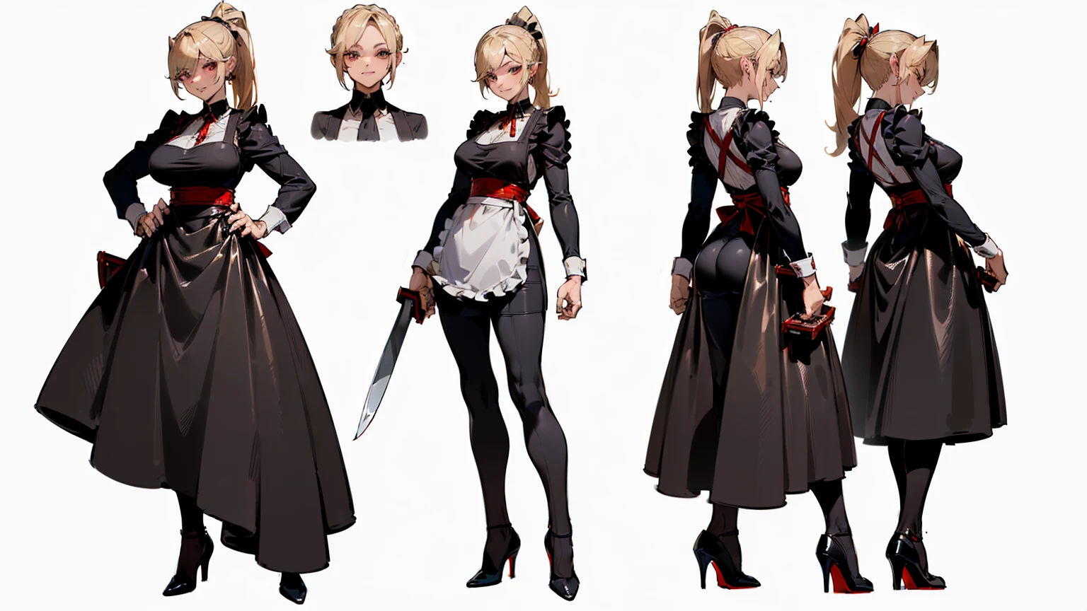 (((character sheet, character design))), ((UHD, High details, masterpiece)), (mature woman, butcher), (fancy appearance, simple clothing:1.2), blonde pixie with a long ponytail, ((black suit, large black leather apron, red high heels wielding a meat cleaver)), (standing tall in with a stern smile), (((white background)))