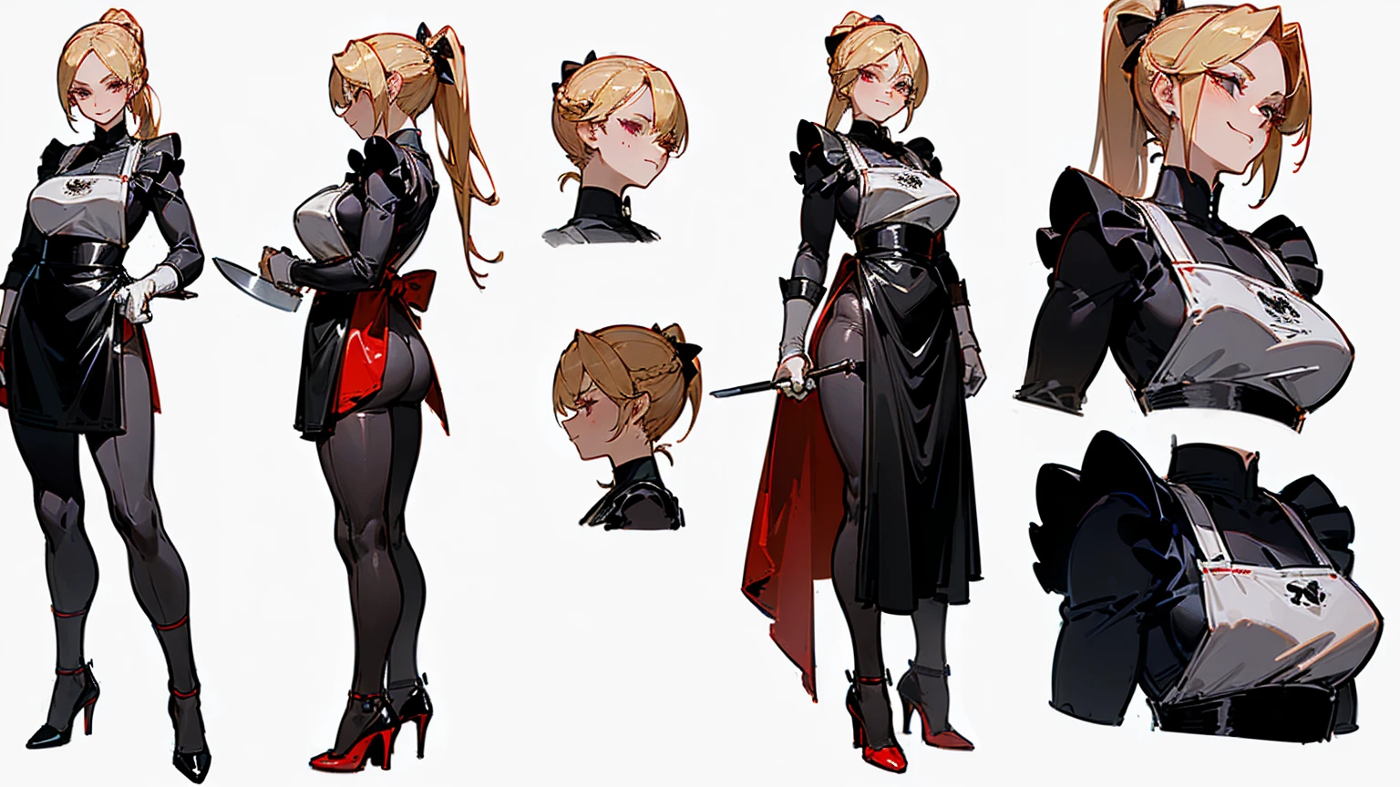 (((character sheet, character design))), ((UHD, High details, masterpiece)), (mature woman, butcher), (fancy appearance, simple clothing:1.2), blonde pixie with a long ponytail, ((black suit, large black leather apron, red high heels wielding a meat cleaver)), (standing tall in with a stern smile), (((white background)))