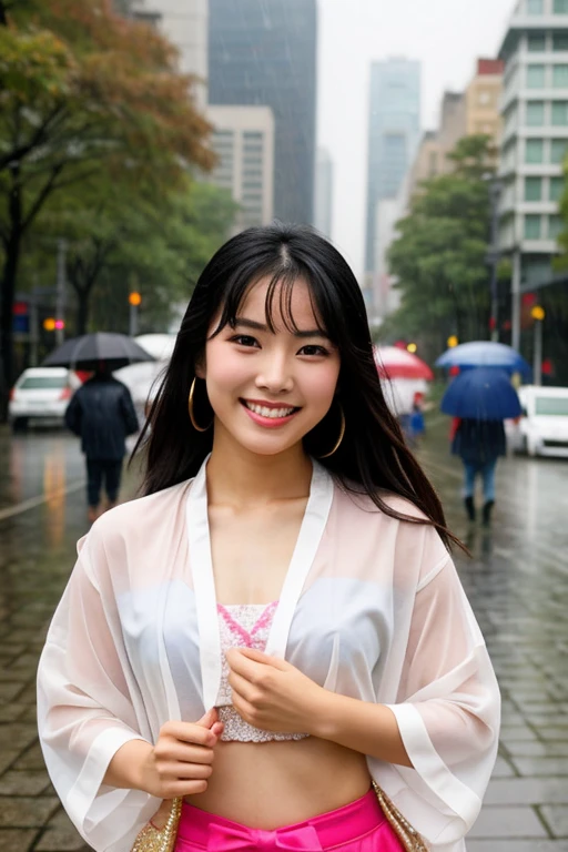 gorgeous asian woman beautiful but dressed in manga dancing in the middle of the street in the rain. facing us with a big smile and eyes wide open I want a close-up of the face
