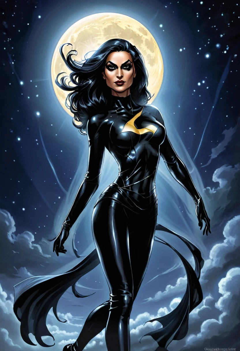 Night Lady is a tall and thin woman, with hair black as night and eyes bright as the full moon. He usually wears a tight black suit that allows him to move with agility and discretion.. His abilities include the ability to blend into shadows to become invisible., create illusory projections that disorient your enemies, and launch blasts of dark energy that can weaken your opponents.
