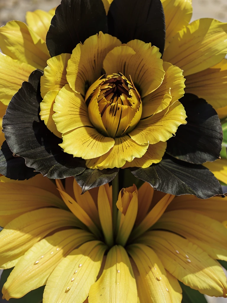 Close-up image of a strikingly beautiful daylily flower. The petals are predominantly a deep, velvety black with vibrant yellow and orange accents near the center, creating a dramatic contrast. The edges of the petals are ruffled and outlined in a bright yellow, adding to the flower's intricate and eye-catching appearance. The stamens are prominently visible, with a yellow hue that matches the petal edges. The background is blurred, featuring green foliage that highlights the vivid colors of the flower.