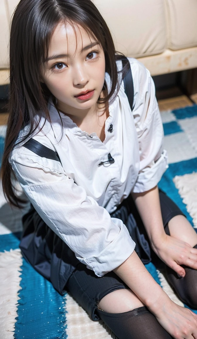 Realistic, nsfw, (On the bed:1.2), (Lying down:1.1), From above, uhd, super detail, best quality, (Heavily tattered and torn clothing:1.4), (Black leggings:1.2)