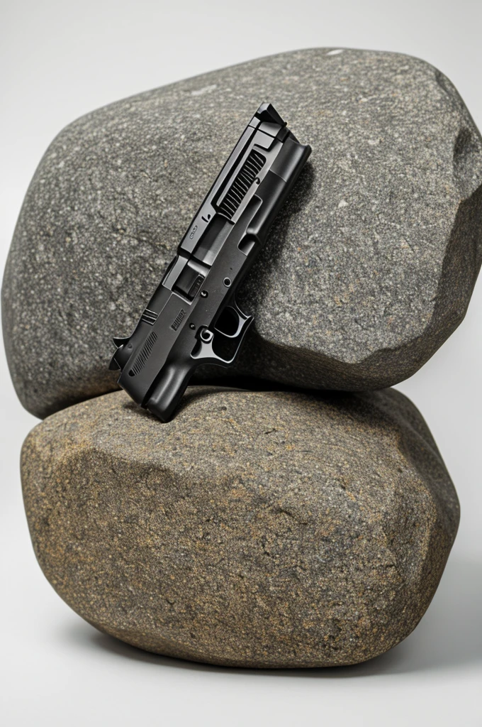 A rock holding a gun with white background 
