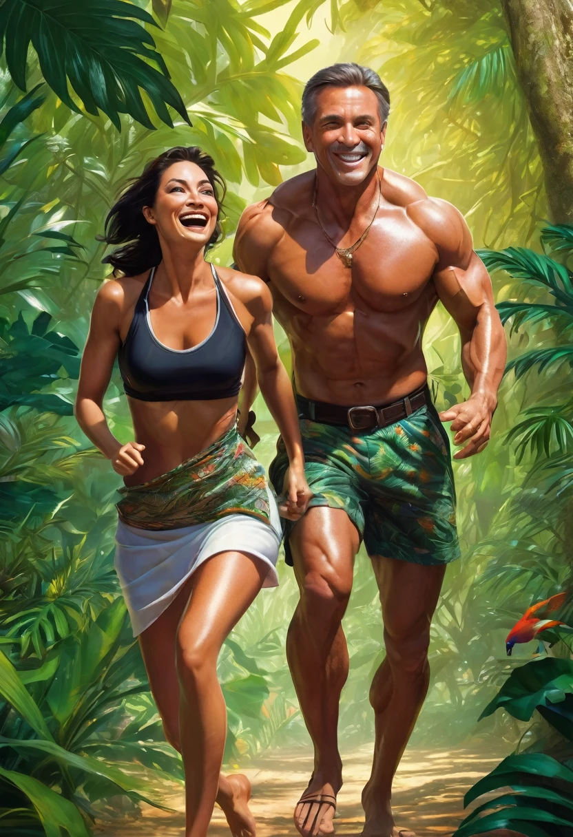 A middle-aged man with slightly tanned skin chasing a beautiful woman playfully through the jungle. His muscles are tense, and his face shows a mix of excitement and desire. The woman looks back with a flirtatious smile. The background features dense foliage and vibrant greenery.
Style: 3D hyper-realistic, extreme detail in the skin, full-body shot