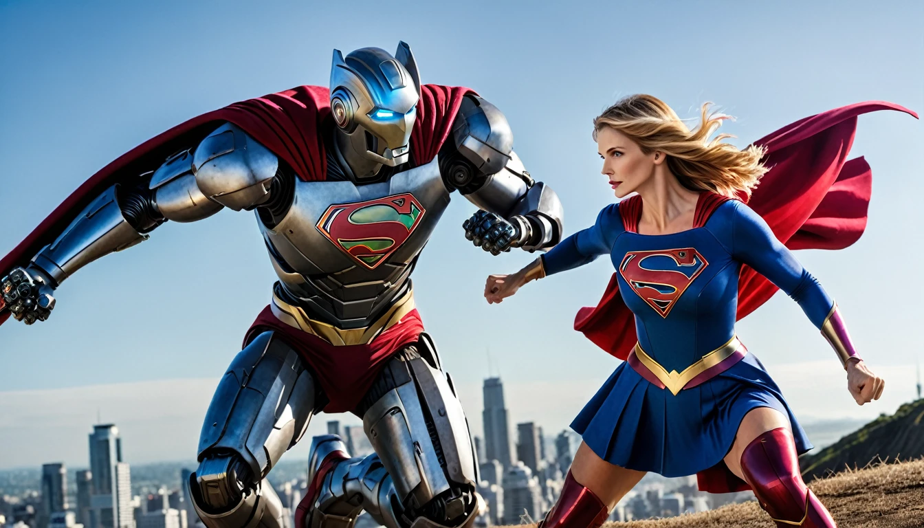action(((fight))) scene; Julie Hagerty Supergirl x giant robot; HD. Photograph, ((realism)), extremely high quality RAW photograph, ultra detailed photograph, sharp focus, high resolution, (detailed skin:1,3),high quality, film grain, Fujifilm XT3,Highly Detailed, movie, (Cinematic Photo:1.3) of (Realistic:1.3); Supergirl defeating the enemy