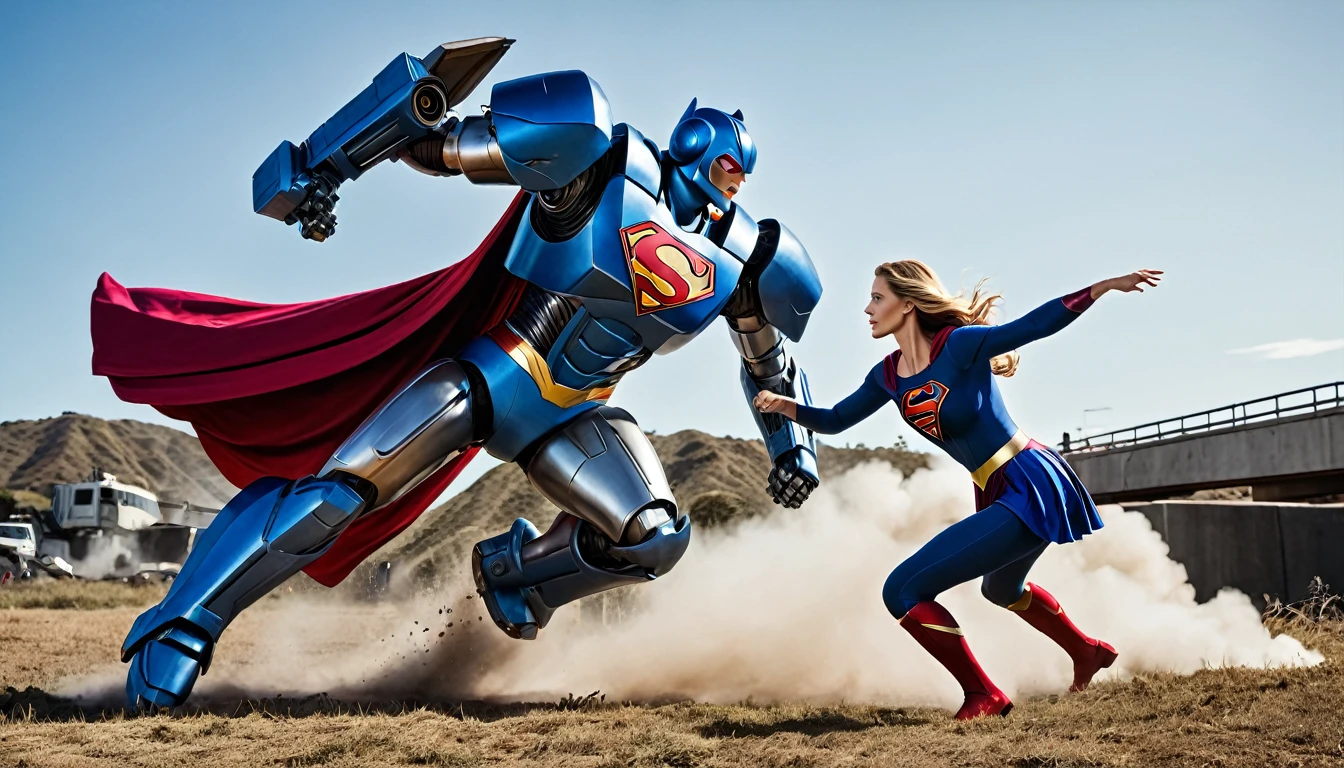 action(((fight))) scene; Julie Hagerty Supergirl x giant robot; HD. Photograph, ((realism)), extremely high quality RAW photograph, ultra detailed photograph, sharp focus, high resolution, (detailed skin:1,3),high quality, film grain, Fujifilm XT3,Highly Detailed, movie, (Cinematic Photo:1.3) of (Realistic:1.3); Supergirl defeating the enemy