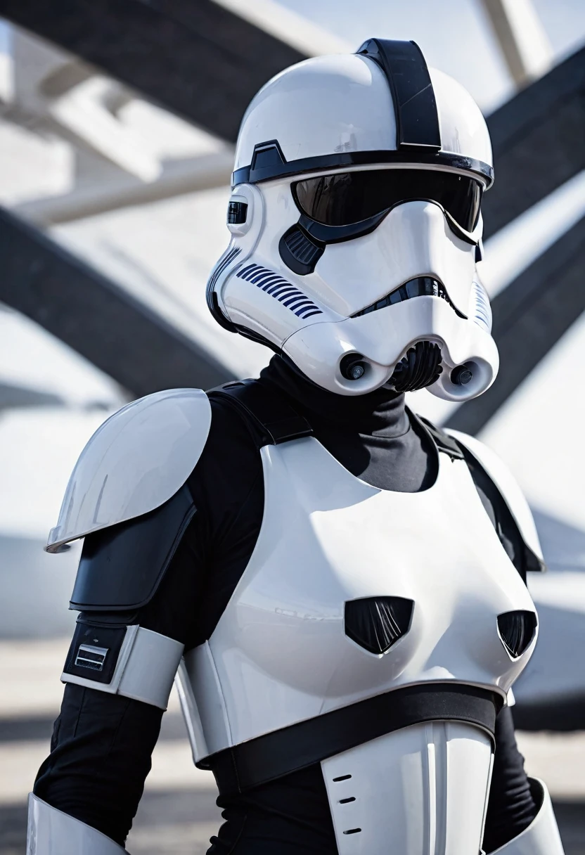 a photo of a female stormtrooper BLACK ARMOR and a pilot stormtrooper helmet with her spaceship behind her