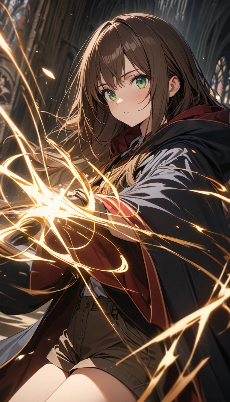 Young girl, very long brown hair, green eyes, magic robe, shorts, shirt, Hogwarts form, wizard, Masterpiece, best quality, Full HD, 8k, ultra details, great graphic