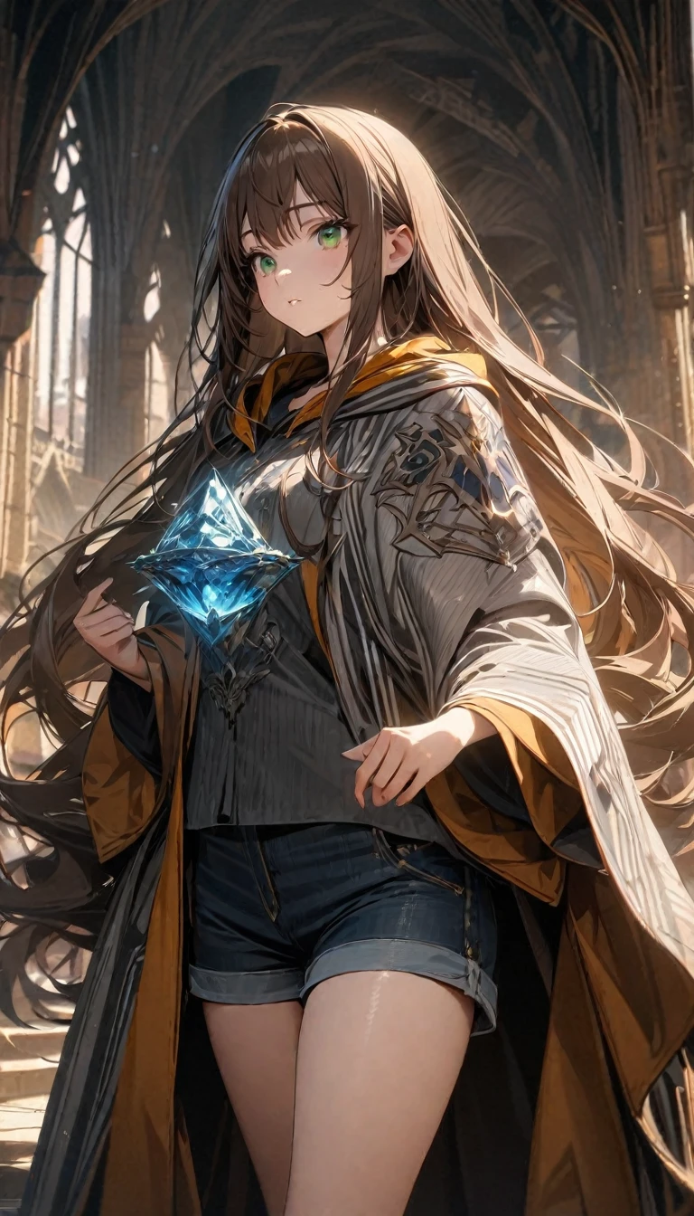 Young girl, very long brown hair, green eyes, magic robe, shorts, shirt, Hogwarts form, wizard, Masterpiece, best quality, Full HD, 8k, ultra details, great graphic
