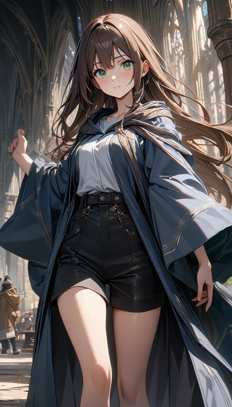 Young girl, very long brown hair, green eyes, magic robe, shorts, shirt, Hogwarts form, wizard, Masterpiece, best quality, Full HD, 8k, ultra details, great graphic