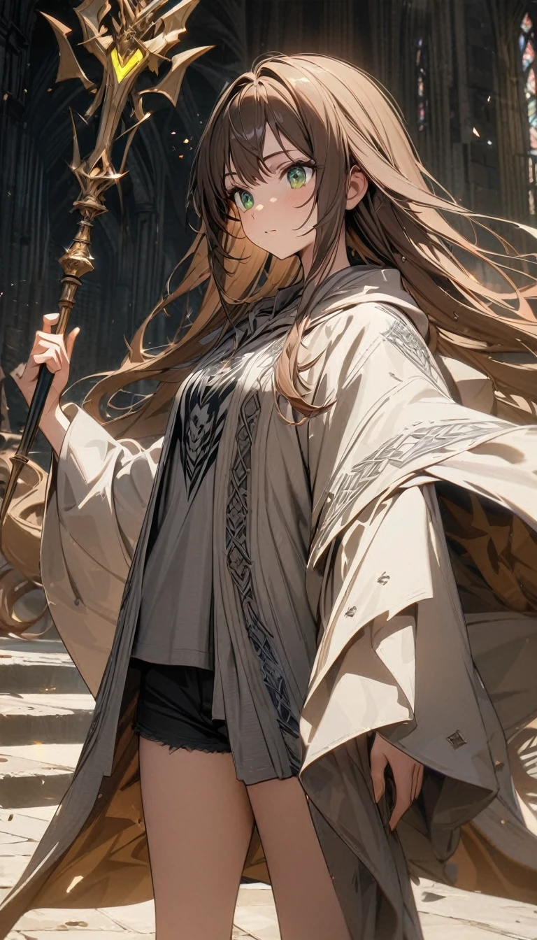 Young girl, very long brown hair, green eyes, magic robe, shorts, shirt, Hogwarts form, wizard, Masterpiece, best quality, Full HD, 8k, ultra details, great graphic