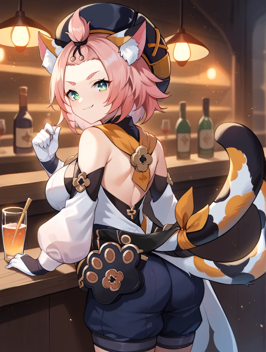 source_cartoon, (score_9,score_8_up,score_7_up,),solo,  very aesthetic, bokeh,light particles,1 girl, (smirk), diona \(genshin impact),, cat ears, bar, sideboob, busty, adult