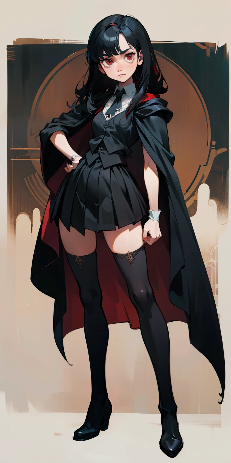 anime female character, long black hair, bangs, red eyes, vest, black cloak, skirt, stockings, boots, full body shot, pose, elegant, bangs, anime, Gothic art, masterpiece, anatomically correct, accurate, high details, highres, 4K