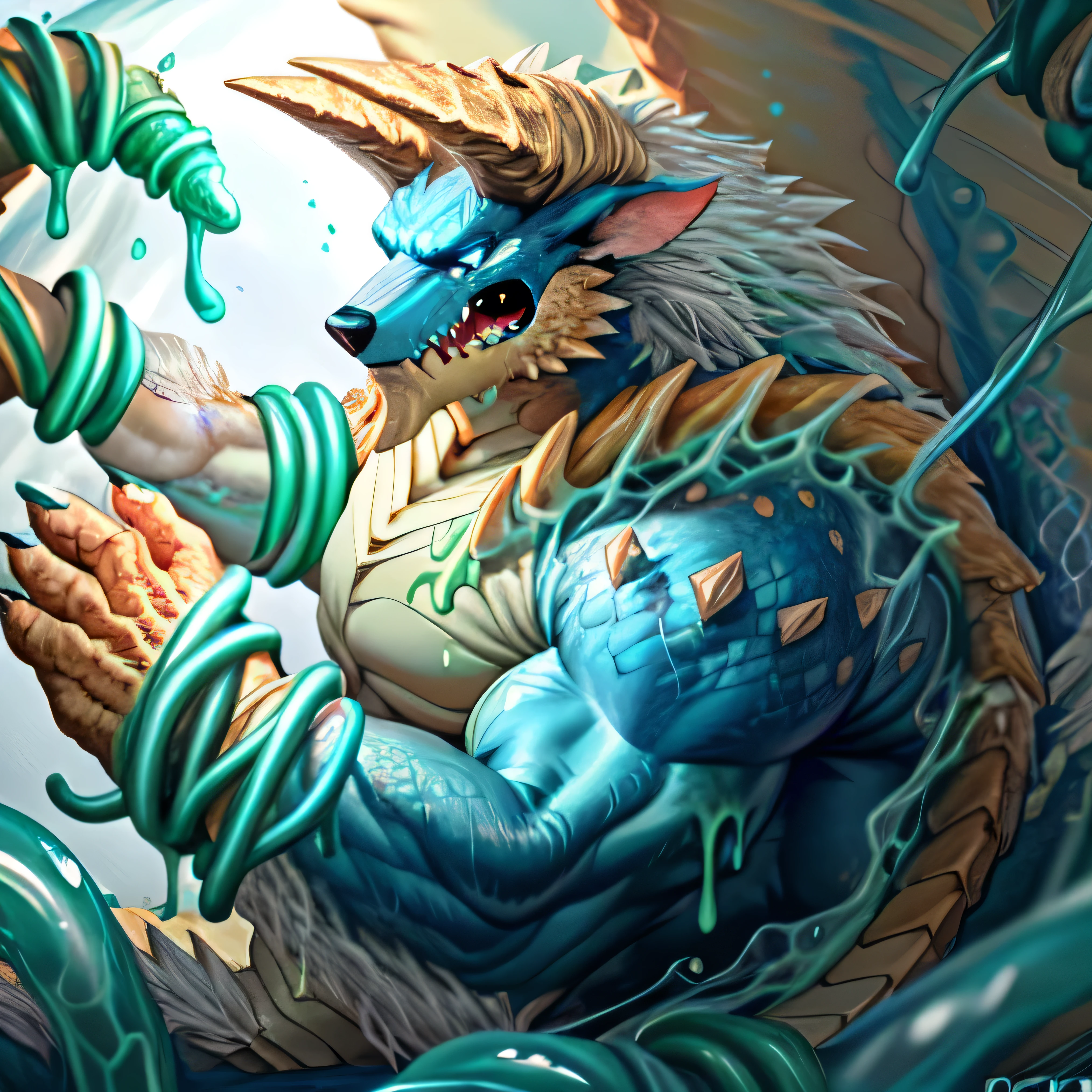 anthropology,(zinogre:1.2),Tail,((whole body,blue eyes, Blue body, White furry, Yellow Hand, Feet, Blue face,4 toes,Tail )),,muscular, whole body, (author:null-ghost,From raccoon21,masterpiece,high quality), Night Fight,((boundary)), rest (((Slime monster uses tentacles to fight dragon)),4 toes,struggle, (pain:1.3),frown,annoyed, Worry,full body,pawpads,((horns))