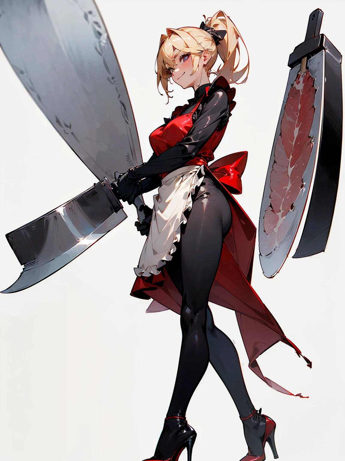 (((character design))), ((UHD, High details, masterpiece)), (mature woman, butcher), (fancy appearance, simple clothing:1.2), blonde pixie with a long ponytail, ((black suit, large black leather apron, red high heels wielding a meat cleaver)), (standing tall in with a stern smile), (((white background)))