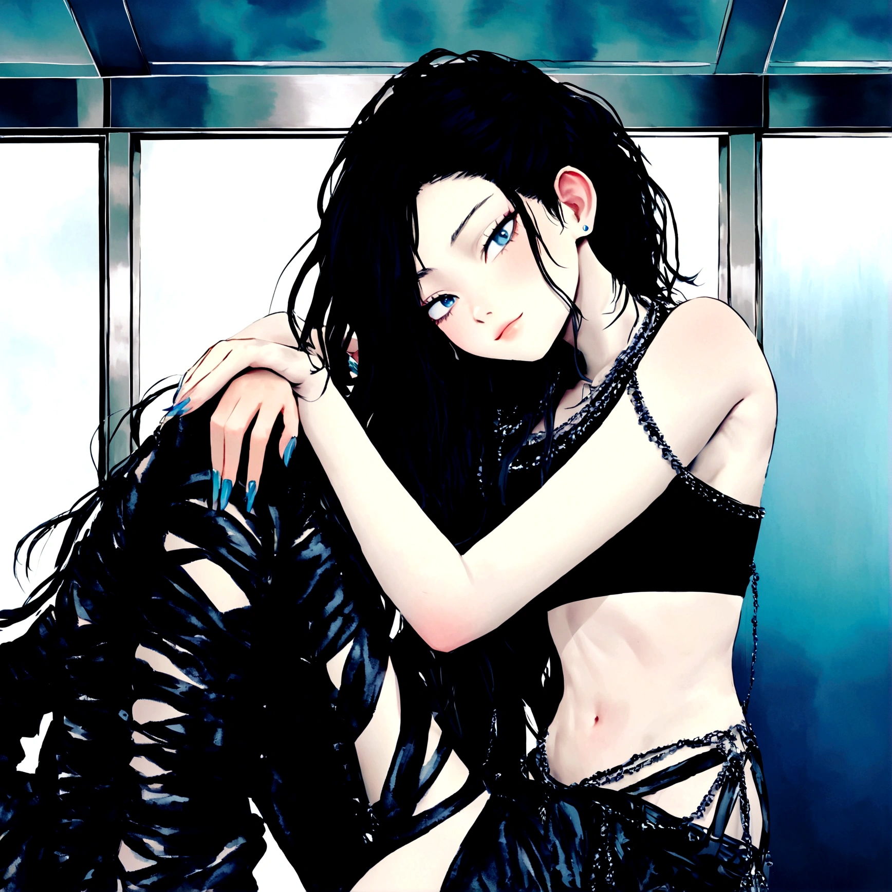 Teen girl with long black hair and pale skin, one her eye is blue and the other one is purple. She's slim, and short, wearing baggy jeans and black top, she's very slender, the style is My Hero Academia, MHA