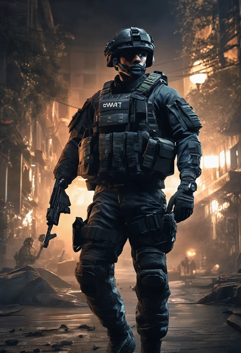 Masterpiece quality wallpaper, Swat, muscular, SWAT uniform, wearing SWAT uniform, Call of duty, intricate details, highly detailed and stylized, 8K UHD, Video game wallpaper, dark background