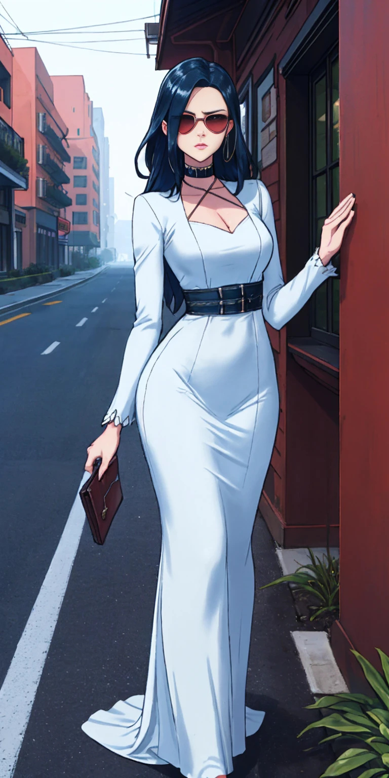 Setting: Atmospheric Street Background (Think bustling city street at night with neon lights and rain, a foggy alleyway, or a deserted highway at dusk) - Choose the specific atmosphere you desire. Character: Appearance: Ultra Quality - High level of detail and realism Shiny Skin - Glowing and healthy Long wet Hair - Flowing down the back Narrowed Eyes - Focused and intense expression (sharp or piercing) Attire: Long Dress - Elegant and flowing Pose: Fingers Crossed - A gesture hinting at hope, nervousness, or even making a wish. Accessories: Sunglasses - Adding a touch of mystery or coolness (consider the style of sunglasses to match the overall mood) Additional Notes: Consider adding details about the character's posture (standing tall, leaning against a wall, etc.) to enhance the scene. The quality of the image is 8K or Cinematic
