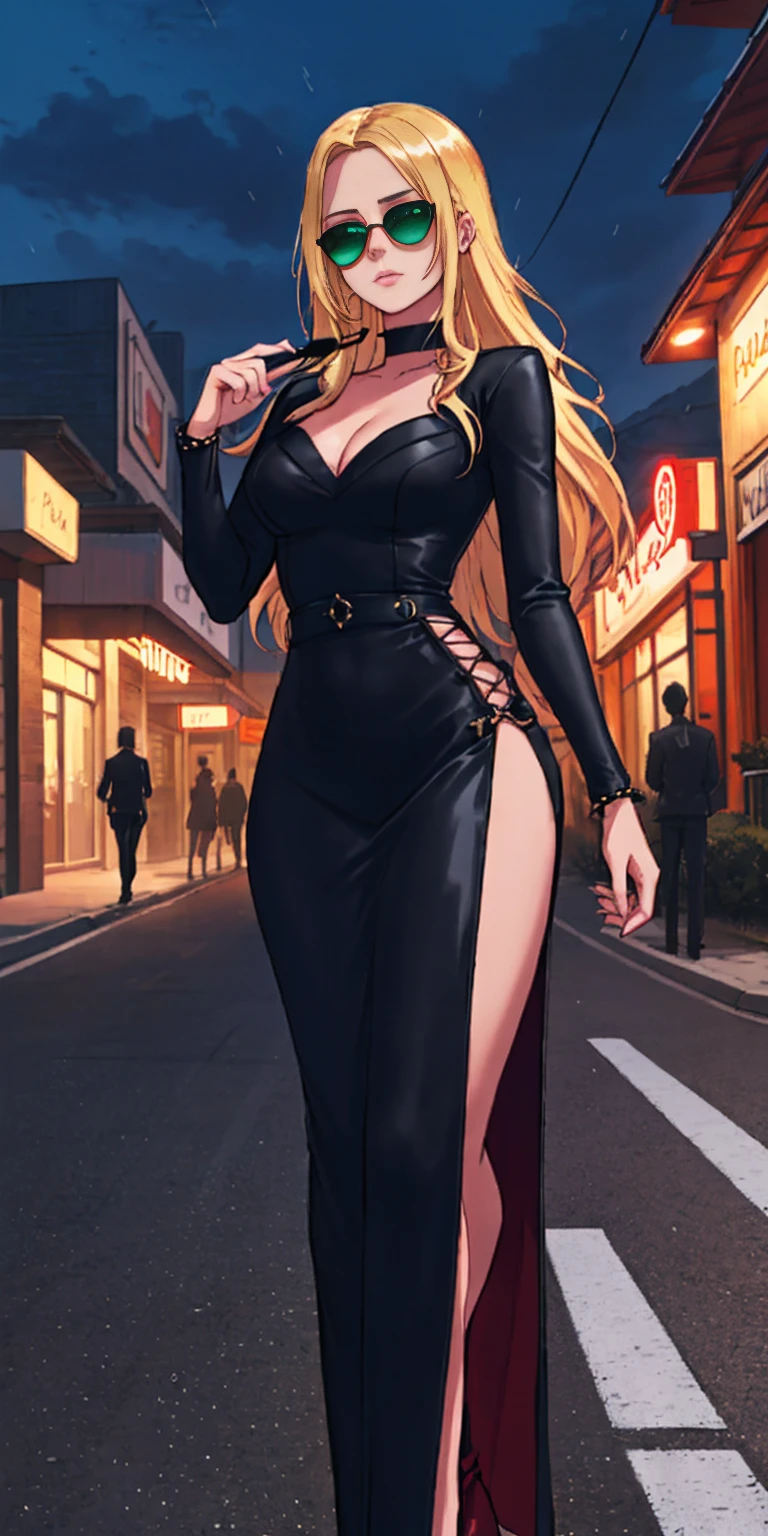 Setting: Atmospheric Street Background (Think bustling city street at night with neon lights and rain, a foggy alleyway, or a deserted highway at dusk) - Choose the specific atmosphere you desire. Character: Appearance: Ultra Quality - High level of detail and realism Shiny Skin - Glowing and healthy Long wet Hair - Flowing down the back Narrowed Eyes - Focused and intense expression (sharp or piercing) Attire: Long Dress - Elegant and flowing Pose: Fingers Crossed - A gesture hinting at hope, nervousness, or even making a wish. Accessories: Sunglasses - Adding a touch of mystery or coolness (consider the style of sunglasses to match the overall mood) Additional Notes: Consider adding details about the character's posture (standing tall, leaning against a wall, etc.) to enhance the scene. The quality of the image is 8K or Cinematic 