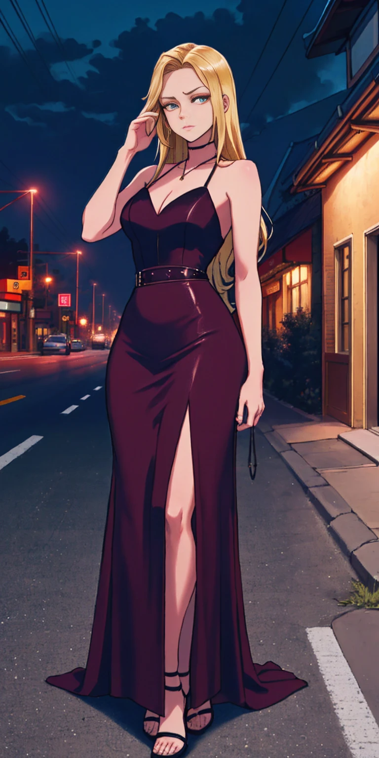 Setting: Atmospheric Street Background (Think bustling city street at night with neon lights and rain, a foggy alleyway, or a deserted highway at dusk) - Choose the specific atmosphere you desire. Character: Appearance: Ultra Quality - High level of detail and realism Shiny Skin - Glowing and healthy Long wet Hair - Flowing down the back Narrowed Eyes - Focused and intense expression (sharp or piercing) Attire: Long Dress - Elegant and flowing Pose: Fingers Crossed - A gesture hinting at hope, nervousness, or even making a wish. Accessories: Sunglasses - Adding a touch of mystery or coolness (consider the style of sunglasses to match the overall mood) Additional Notes: Consider adding details about the character's posture (standing tall, leaning against a wall, etc.) to enhance the scene. The quality of the image is 8K or Cinematic 