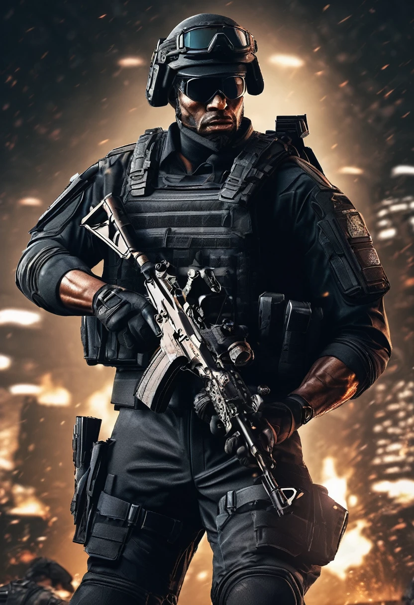 Masterpiece quality wallpaper, Swat, muscular, SWAT uniform, wearing SWAT uniform, Call of duty, intricate details, highly detailed and stylized, 8K UHD, Video game wallpaper, dark background