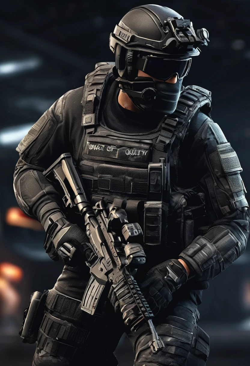 Masterpiece quality wallpaper, Swat, muscular, SWAT uniform, wearing SWAT uniform, Call of duty, intricate details, highly detailed and stylized, 8K UHD, Video game wallpaper, dark background