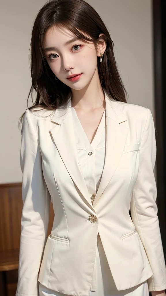 ((masterpiece: 1.4, best quality))+,(ultra detail)+, official art, unity 8k wallpaper, ultra detail, beautiful, high quality, Highlight your cute face, masterpiece, best quality, medium length straight hair, (brown eyes, brown hair), bust, looking straight ahead, laugh, (white blouse & black blazer jacket :1.4), colorful earrings, (lovely eyes:1.3)