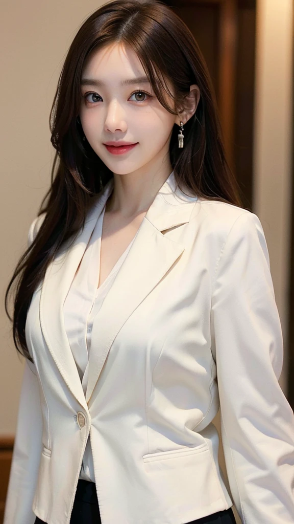 ((masterpiece: 1.4, best quality))+,(ultra detail)+, official art, unity 8k wallpaper, ultra detail, beautiful, high quality, Highlight your cute face, masterpiece, best quality, medium length straight hair, (brown eyes, brown hair), bust, looking straight ahead, laugh, (white blouse & black blazer jacket :1.4), colorful earrings, (lovely eyes:1.3)