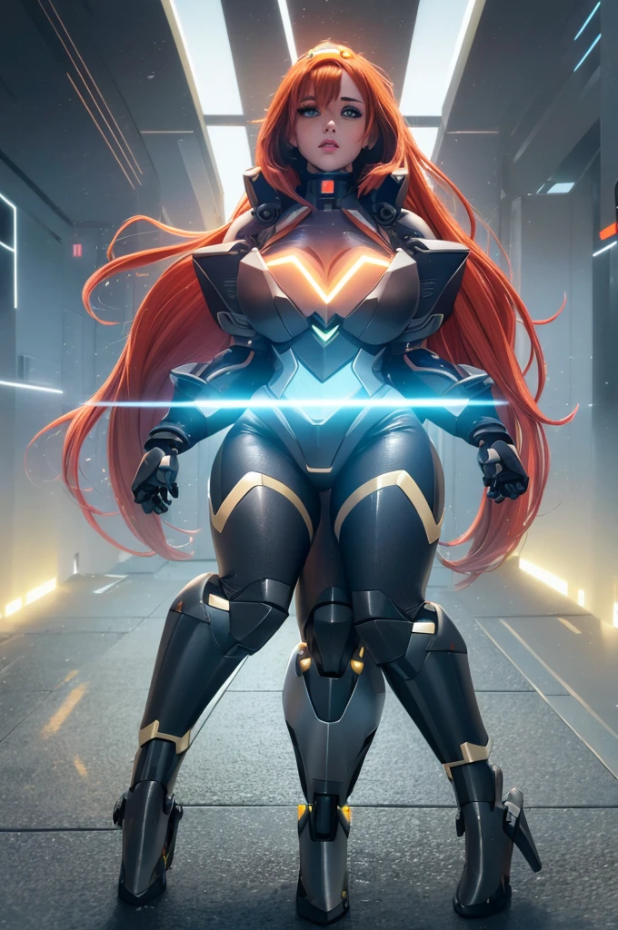 a girl wearing mecha cyber armor,technology bodysuit,smart lines in the costume, thick thighs,cleavage,tech boots,tech gloves,(mechanized valkyrie girl),full body,high heels,intricate details,hyper realistic,8k,award winning,cinematic lighting,dynamic pose,dramatic colors,complex patterns,futuristic,cyberpunk,chiaroscuro lighting,highly detailed,photorealistic,unreal engine,volumetric fog,advanced rendering, technology pistol in hands shining.