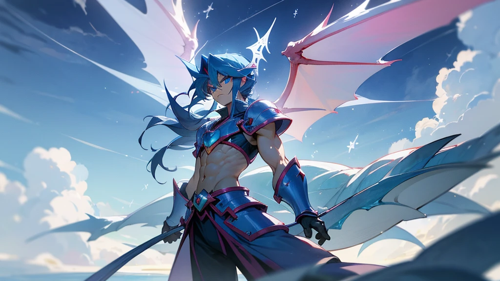 facing toward camera, Legendary Dragon wings，yugioh card，water color reflected armor。snow background, clouds in the sky, muscular, male, dragon wings, serious face, snowflakes floating around person, ice cold blue eyes, dragon wings, muscular,
