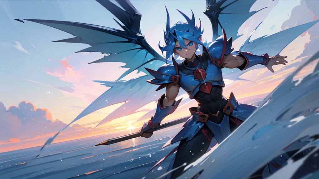 facing toward camera, Legendary Dragon wings,yugioh card,water color reflected armor。snow background, clouds in the sky, muscular, male, dragon wings, serious face, snowflakes floating around person, ice cold blue eyes, dragon wings, muscular,