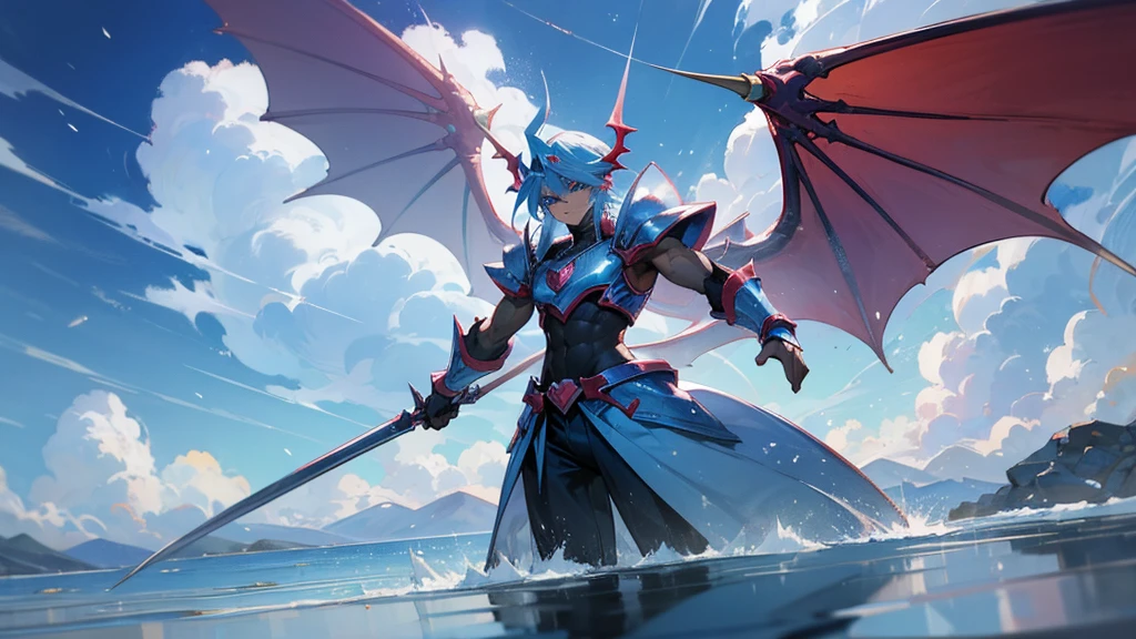 facing toward camera, Legendary Dragon wings，yugioh card，water color reflected armor。snow background, clouds in the sky, muscular, male, dragon wings, serious face, snowflakes floating around person, ice cold blue eyes, dragon wings, muscular,
