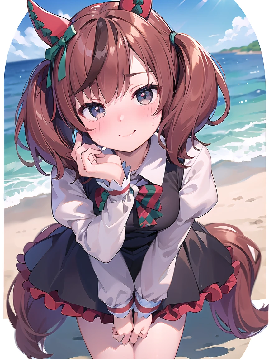 ((masterpiece, best quality)), high resolution,ultra detailed,8k,16k,detailed background, perfect lighting,detailed beautiful eyes, 1girl,solo,nsfw,embarrassed,blush,steam,sweat,in heat,(happy smile),look at viewer,face focus,(from above,front view:1.2),upper body,seductive eyes,fisheye lens,be breathless,(naughty smile,leaning forward,hands on knees:1.2)
,kawaii,age,short stature,short body,medium breast,nicenature,
dress,brown hair,gray eyes,short twintail,seaside beach,sky