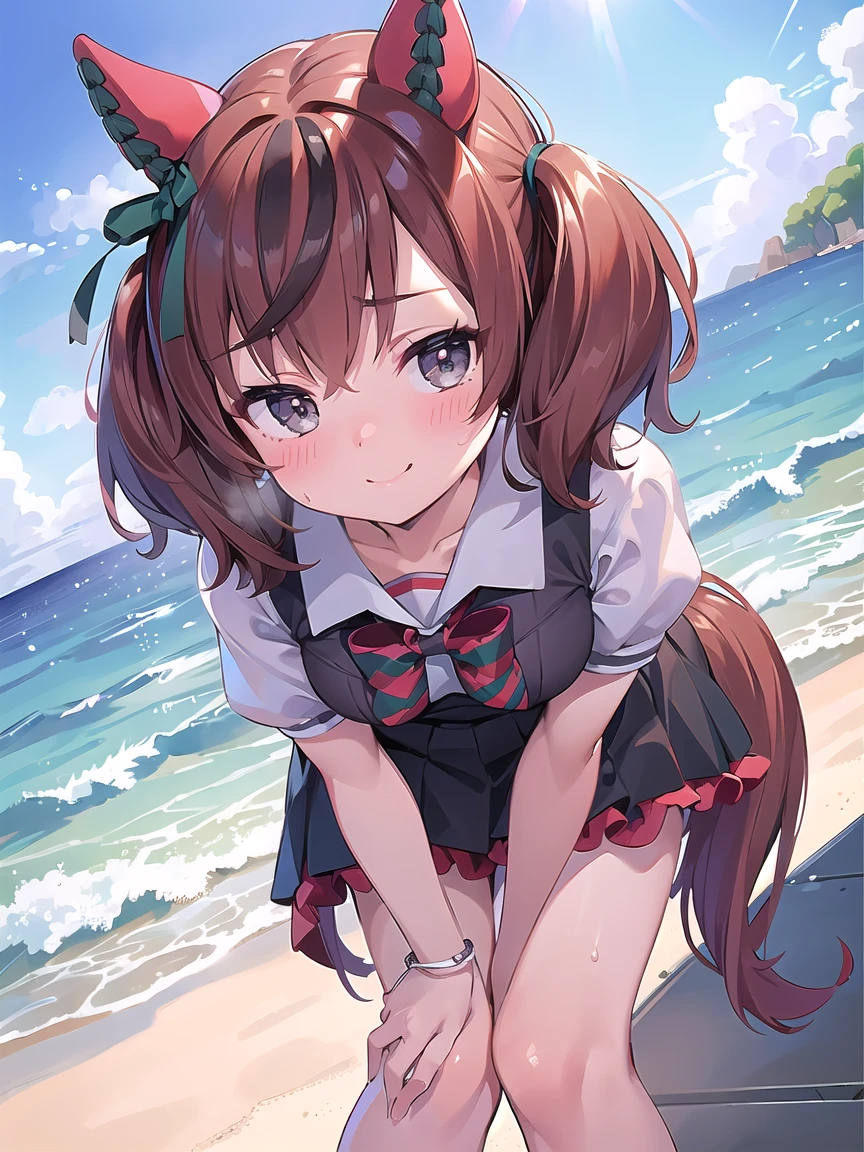 ((masterpiece, best quality)), high resolution,ultra detailed,8k,16k,detailed background, perfect lighting,detailed beautiful eyes, 1girl,solo,nsfw,embarrassed,blush,steam,sweat,in heat,(happy smile),look at viewer,face focus,(from above,front view:1.2),upper body,seductive eyes,fisheye lens,be breathless,(naughty smile,leaning forward,hands on knees:1.2)
,kawaii,age,short stature,short body,medium breast,nicenature,
dress,brown hair,gray eyes,short twintail,seaside beach,sky