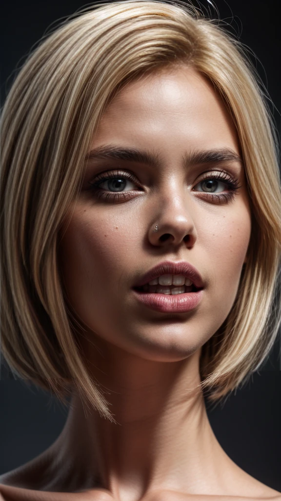 extremely detailed, high quality, realistic, photorealistic, 8k, masterpiece, bimbo doll, extreme huge plastic lips, huge eyelashes, pink lipgloss, open mouth, short blonde hair, plastic face