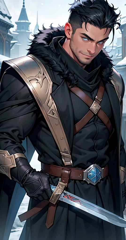 Masterpiece, Highest quality, Heavy snow, Cold Weather, realistic, 1 person, mature man, A quiet and charming young man, 30 years old, smile, gag, Portrait, Highly detailed face, 寒さとsmile, ((blue eyes)), ((black short hair)), [Thick eyebrows], dark palace, ((black long coat)), ((all black)), (blue eyes) ,Short Black Quiff Hair with Soft Fringe, handsome , muscle, Facial expressions, Black Knight Armor , black fur shawl(Masterpiece,best quality,special, (Broad shoulders)) (muscle), male focus, Hand holding a long sword,black two handed sword, His black sword rose high., Face gigantic and terrifying monsters.. Describe the man&#39;s appearance., Details of his sword, Characteristics and characteristics of monsters, and convey the tension and power of the encounter.."