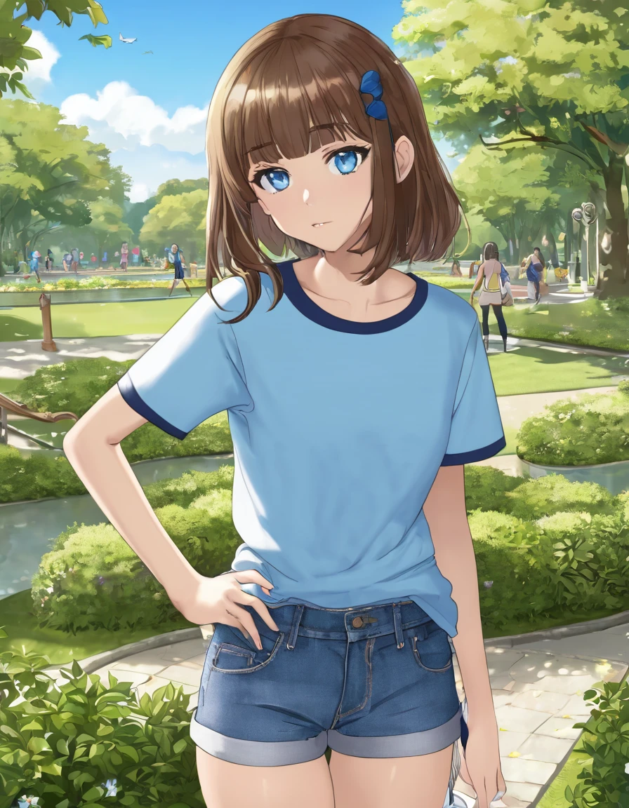 BREAK Perfect Anatomy、(High resolution:1.2)、Incredible illustrations、(Cute illustrations:1.2)、
()(hip focus,) （Beautiful background（bushes in the park))
1girl((brown hair,asymmetric bangs, tanned skin: 1.3,blue eyes,fang)1girl((a girl,slender 1.7meters, 45kg, (( T-shirt, hot pants,thigh-high socks,
sandals),clothes lift  T-shirt,bottomless,))(heavy breathing:1.3 ,vulgarity:1.6 ,pussy juice),open stance,